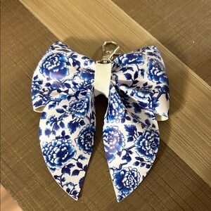 Floral Blue and White Bow Keychain made from faux leather silver hardware NIP